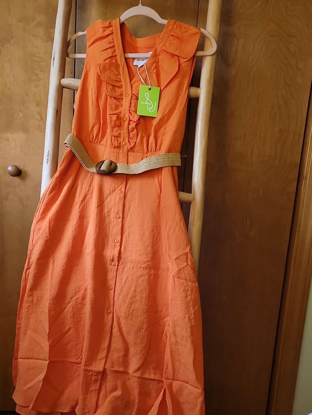 Sam Edelman Orange Ruffle-Front Button Dress with Belt